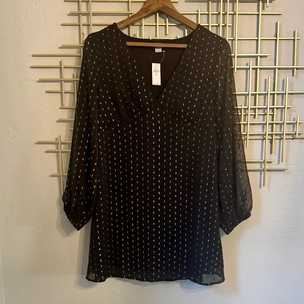Old Navy NWT Petite M Black Metallic Embroidered Balloon Sleeve Mini Dress